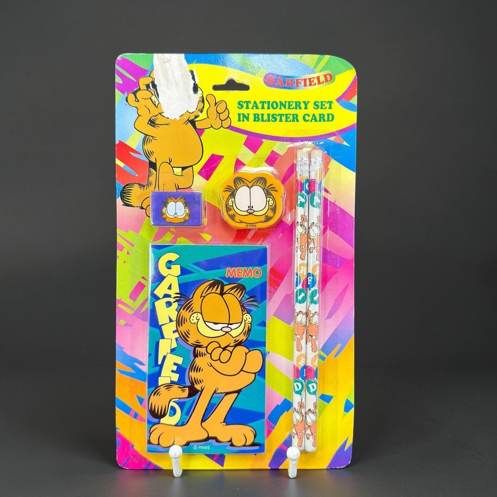 Vintage Garfield Stationery Set‎ Blister Pack Memo Pad Pencils Erasers Paws NEW